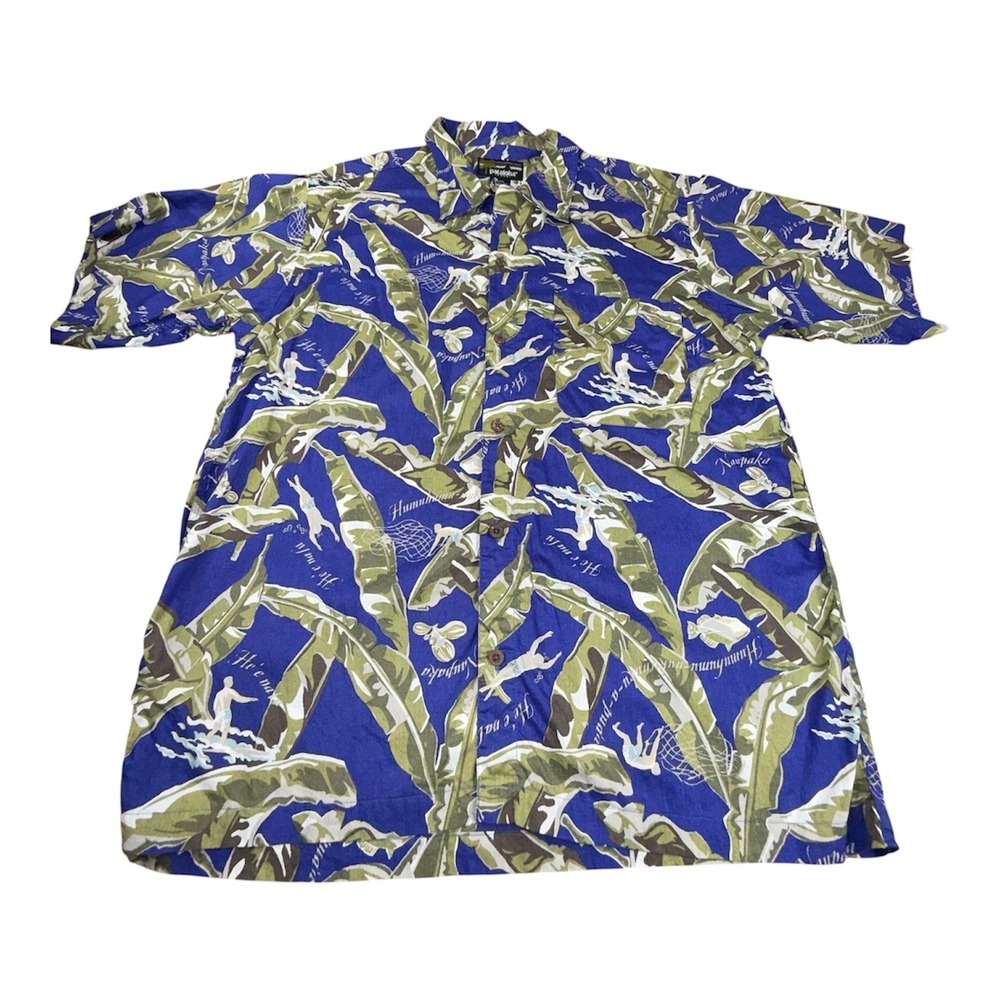 Vintage 90s Patagonia Pataloha Hawaiian Shirt Mens Large Blue Banana Leaf Surfer